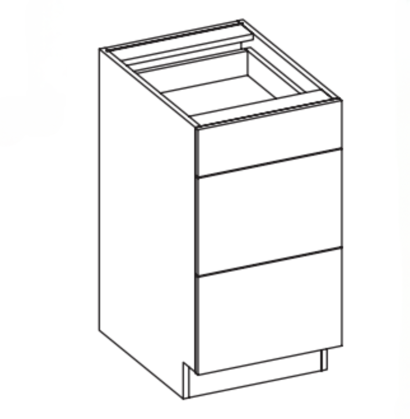 Line drawing of a three-drawer cabinet base unit.